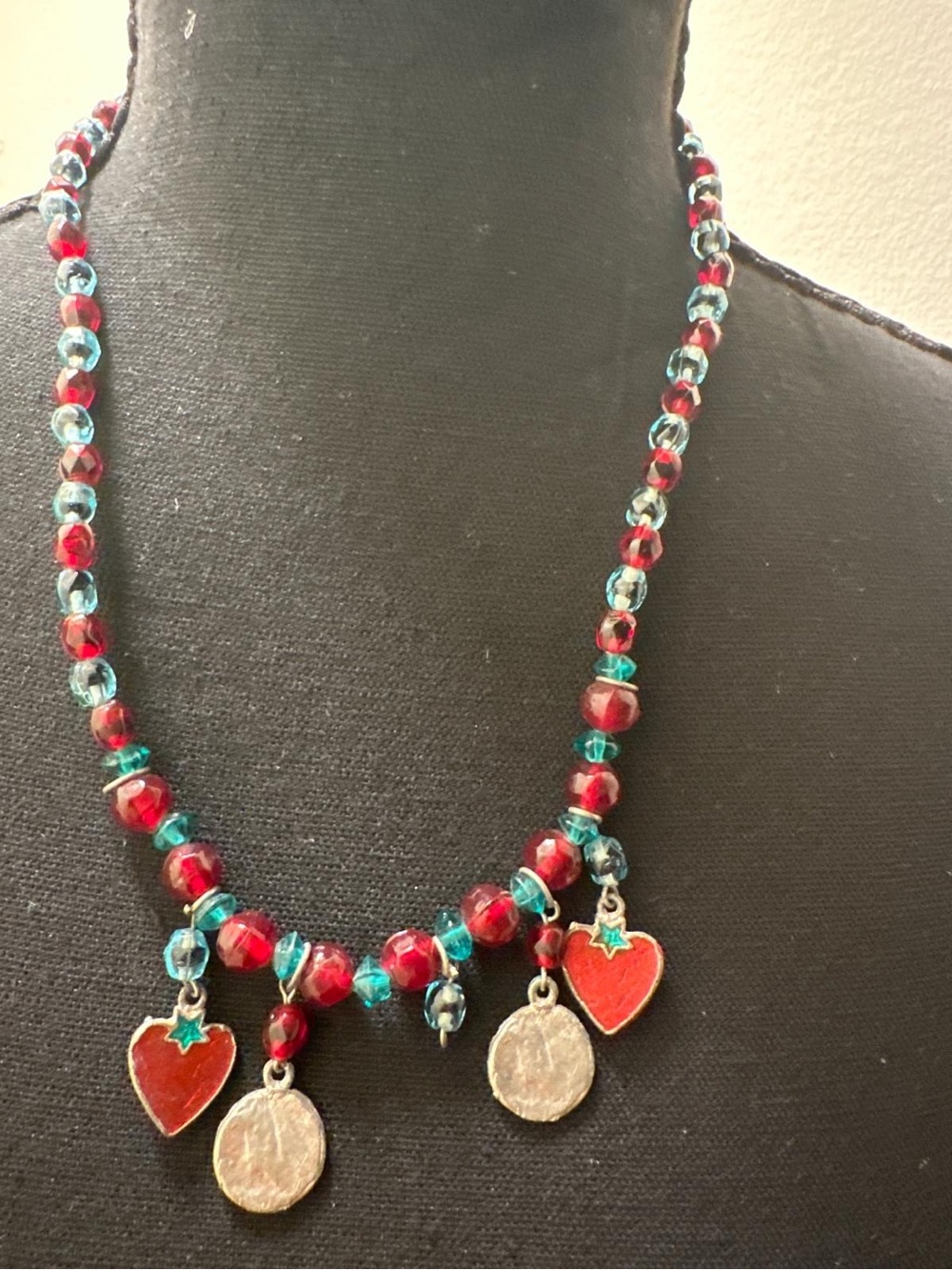 Vintage Bohemian Beaded Charm Necklace Red Teal Glass Beads HeartMedallionPendat